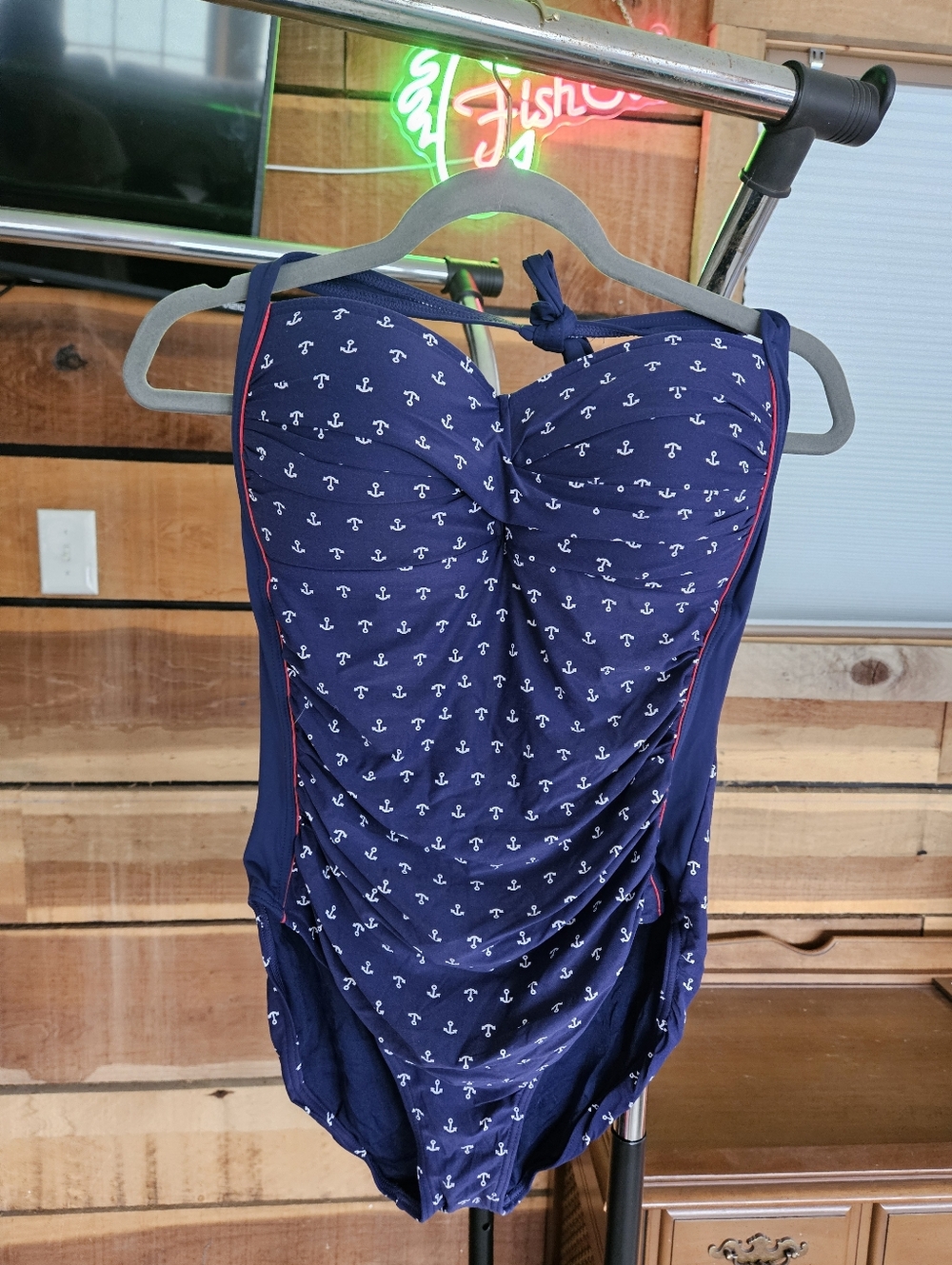 NWOT NipTuck Halter Tie Navy Anchor Print One-Piece Swimsuit Nautical Style 10